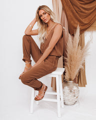 Maye Cotton Pocketed Drawstring Jumpsuit - Camel Oshnow