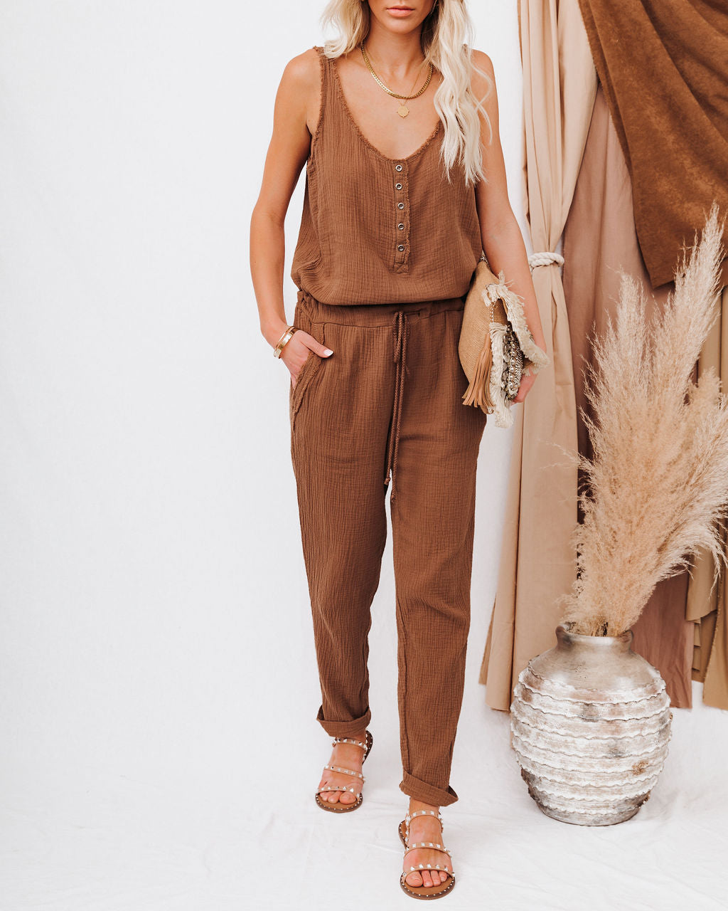 Maye Cotton Pocketed Drawstring Jumpsuit - Camel Oshnow