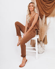 Maye Cotton Pocketed Drawstring Jumpsuit - Camel Oshnow