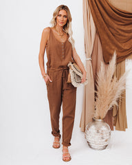 Maye Cotton Pocketed Drawstring Jumpsuit - Camel Oshnow