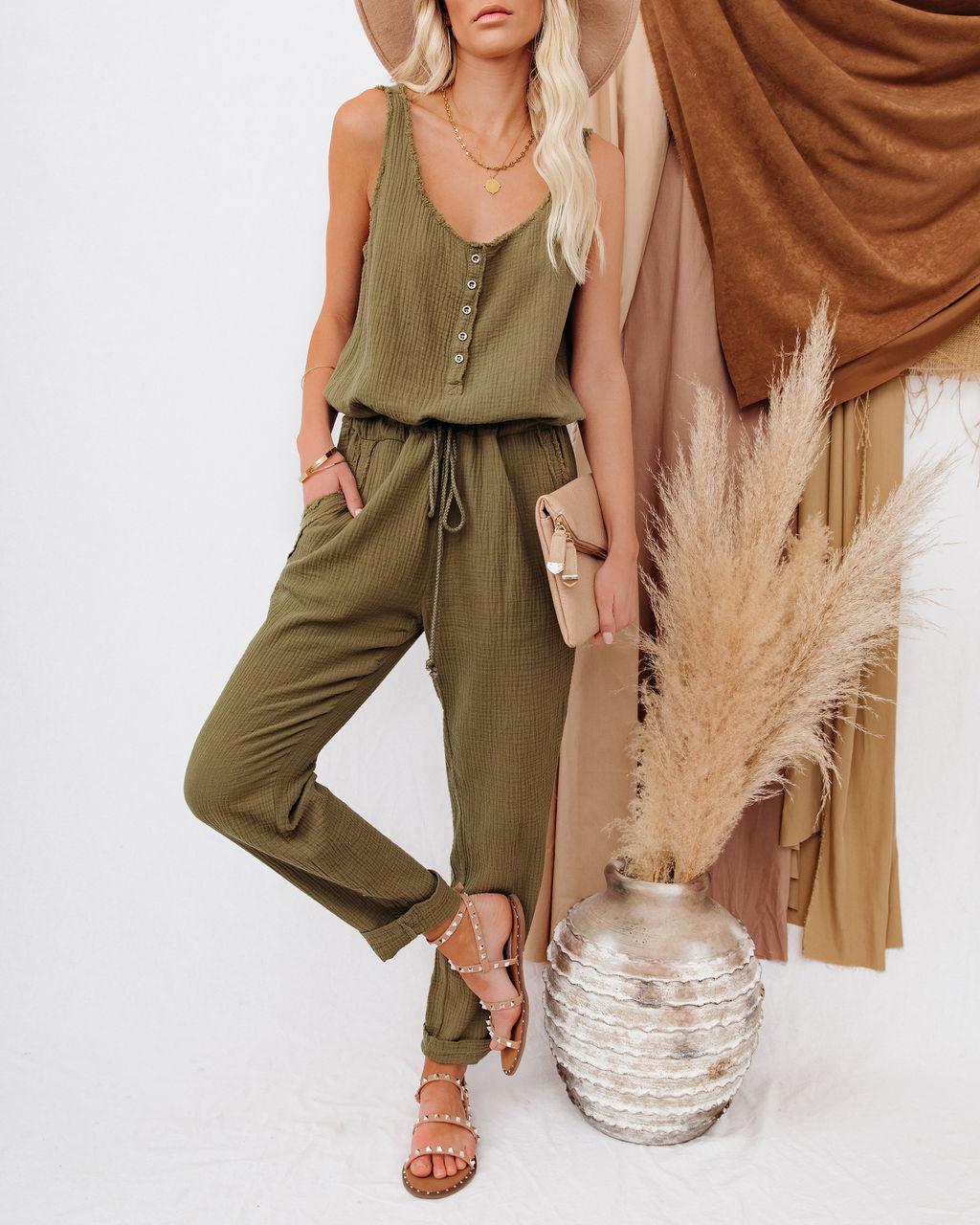 Maye Cotton Pocketed Drawstring Jumpsuit - Olive Oshnow