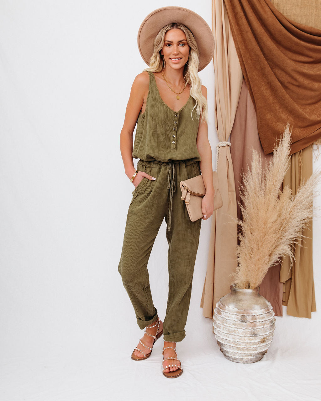 Maye Cotton Pocketed Drawstring Jumpsuit - Olive Oshnow