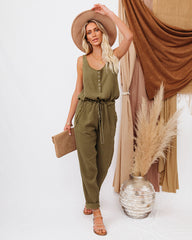 Maye Cotton Pocketed Drawstring Jumpsuit - Olive Oshnow