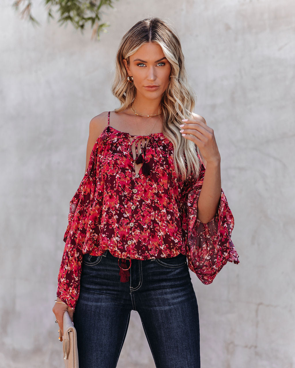 Mercury Printed Cold Shoulder Ruffle Top Oshnow