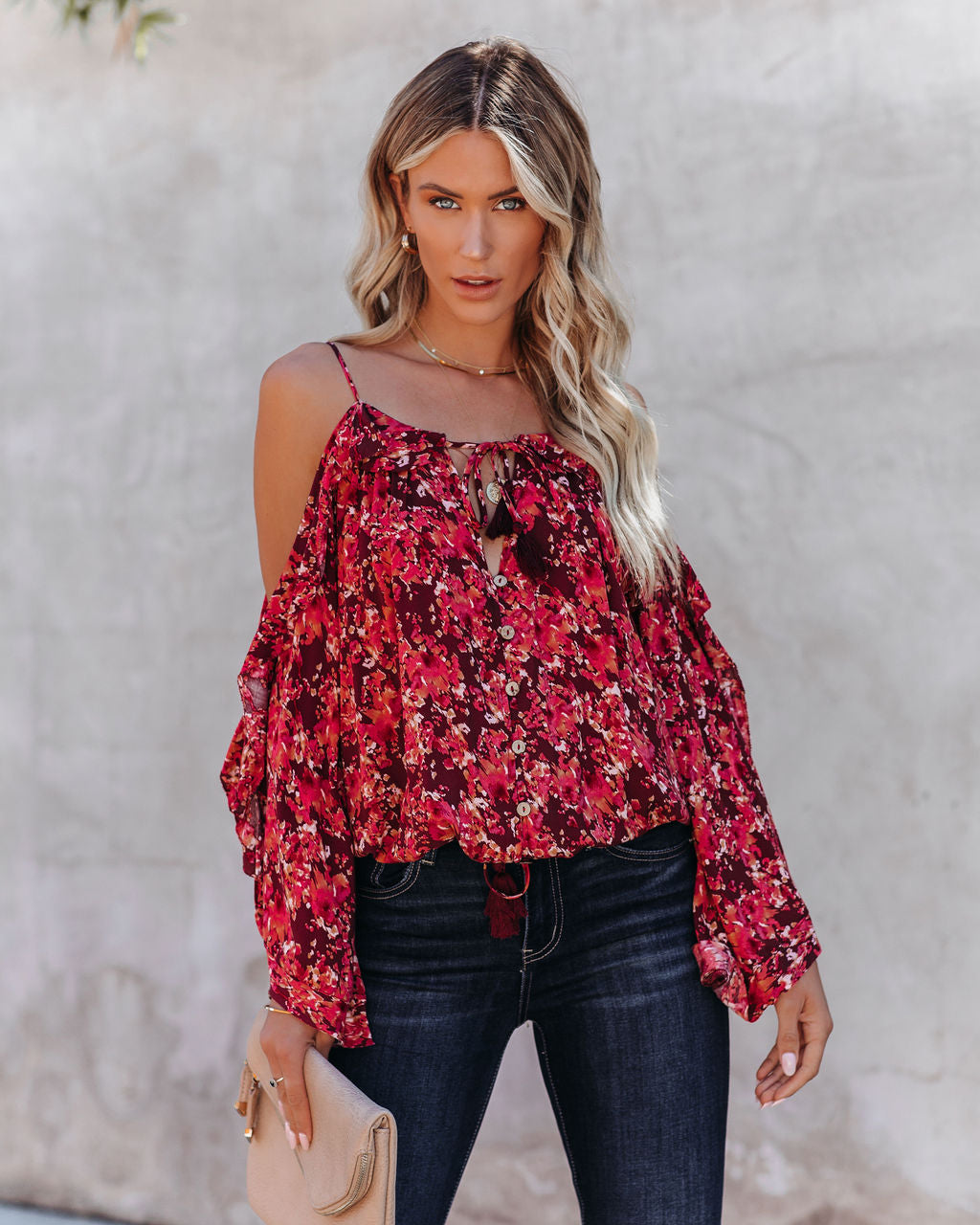 Mercury Printed Cold Shoulder Ruffle Top Oshnow