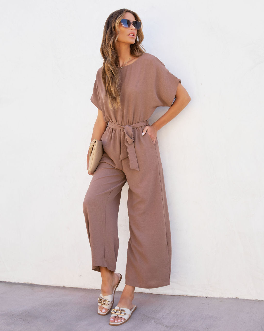 Mercy Pocketed Waist Tie Jumpsuit - Mocha Oshnow