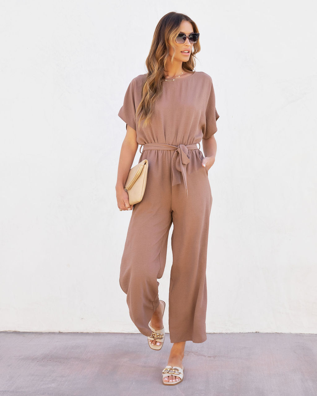 Mercy Pocketed Waist Tie Jumpsuit - Mocha Oshnow