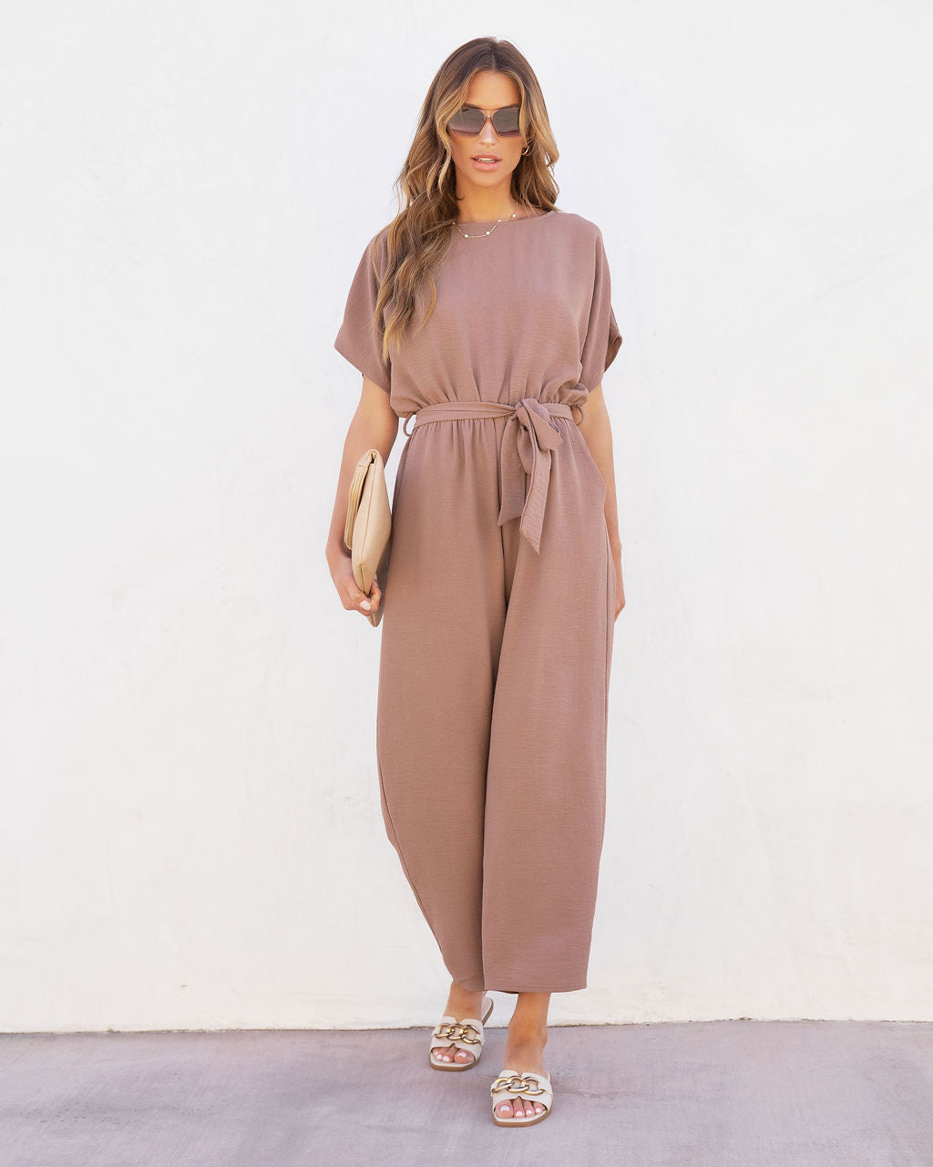 Mercy Pocketed Waist Tie Jumpsuit - Mocha Oshnow