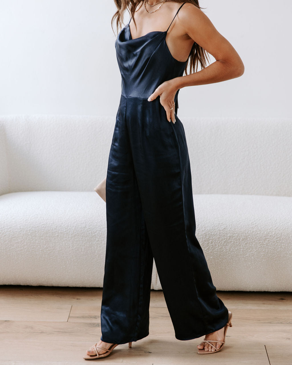 Miabella Satin Cowl Neck Jumpsuit - Midnight Blue Oshnow