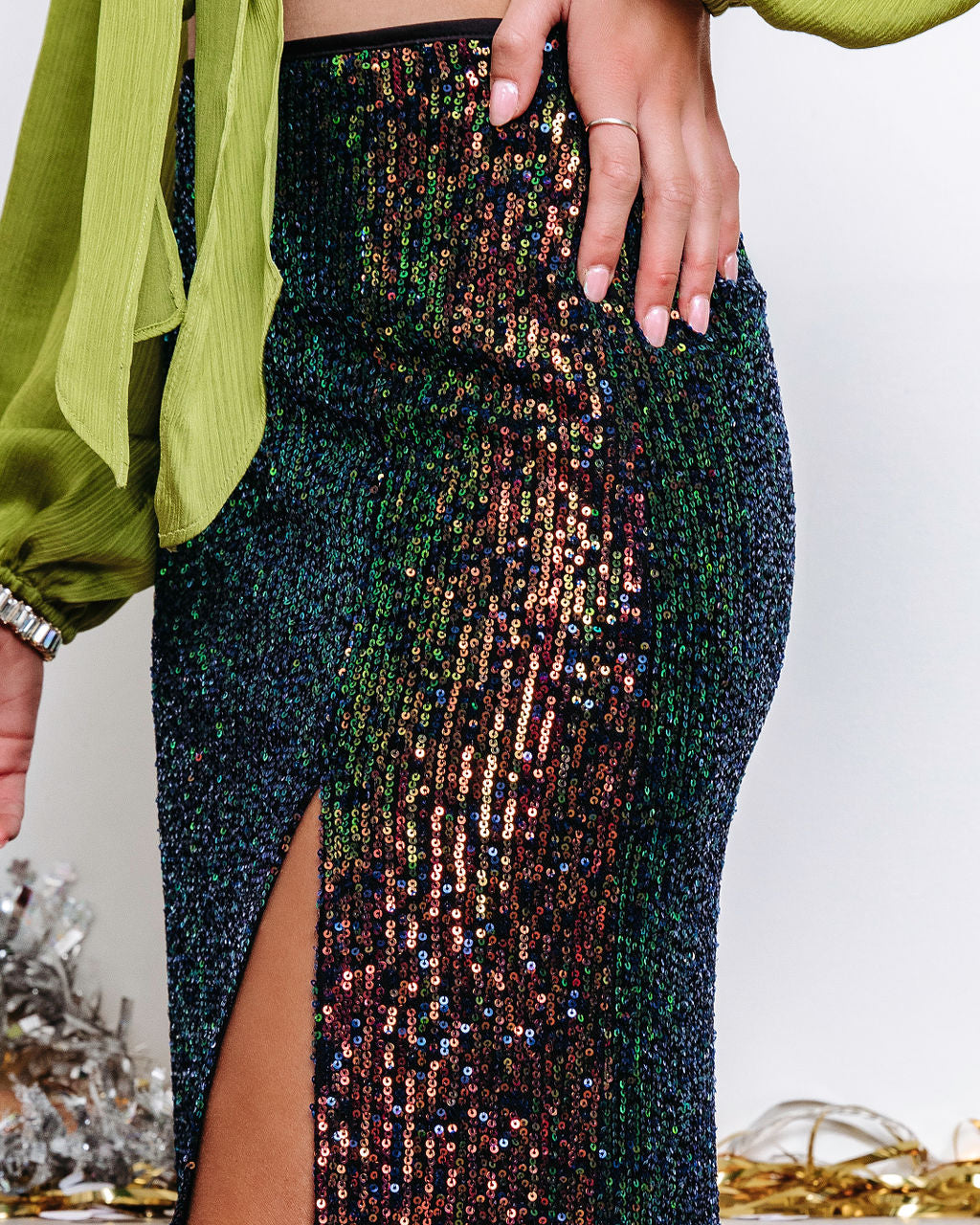 Midnight Flashing Lights Sequin Slit Midi Skirt Oshnow