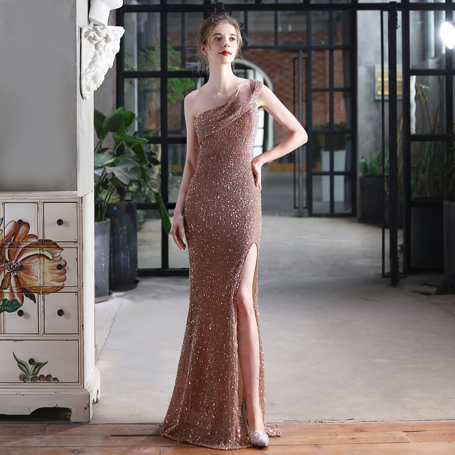 Mile one-shoulder bright sequined formal dress Oshnow