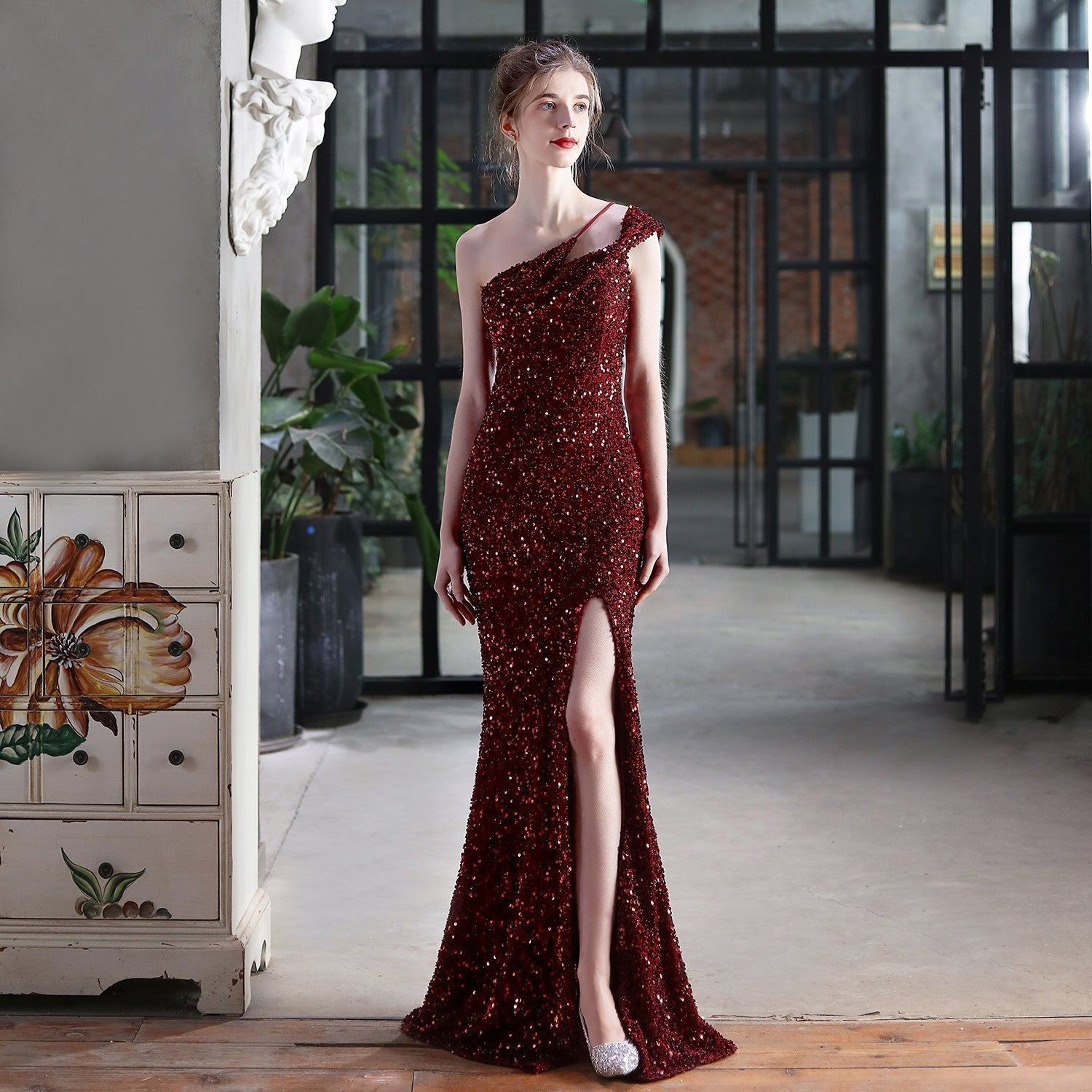 Mile one-shoulder bright sequined formal dress Oshnow