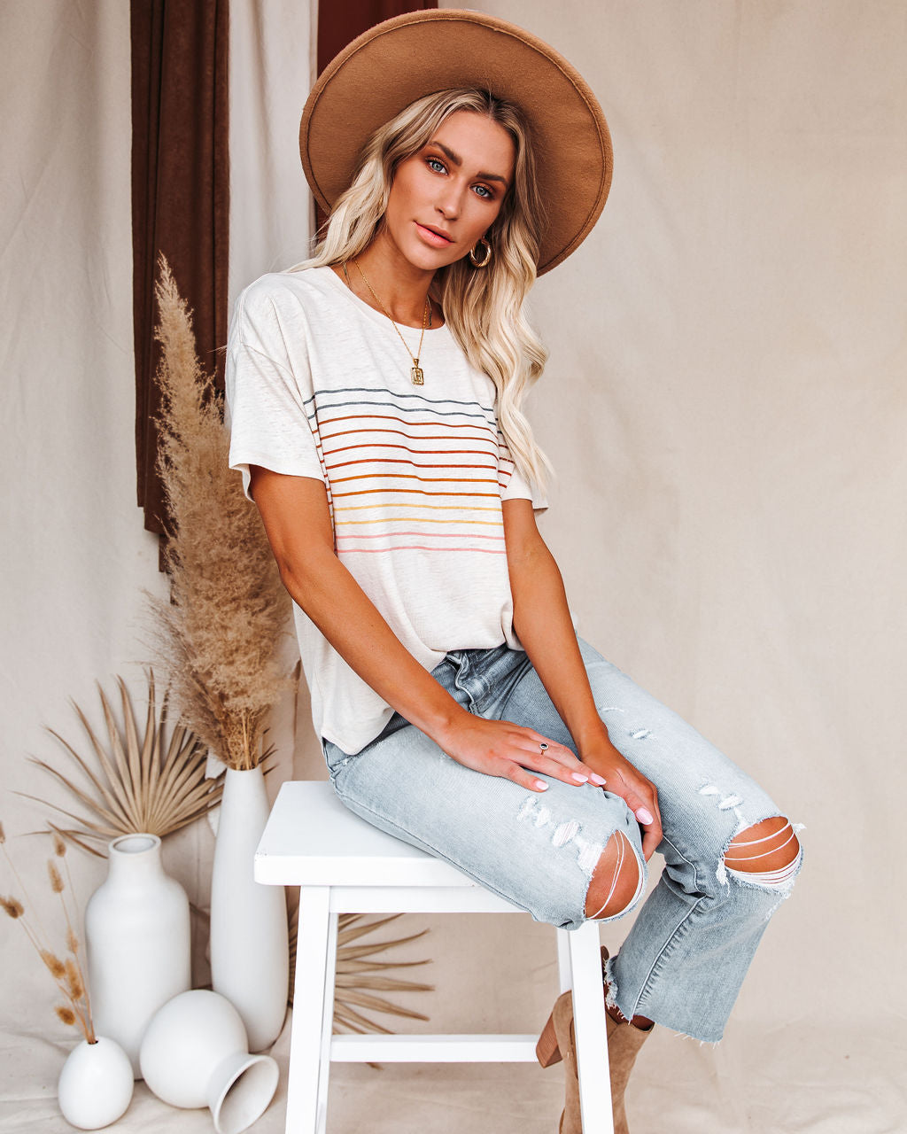 Miles Ahead Linen Blend Striped Tee Oshnow