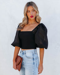 Mingle Puff Sleeve Knit Crop Top - Black Oshnow