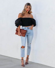 Mingle Puff Sleeve Knit Crop Top - Black Oshnow