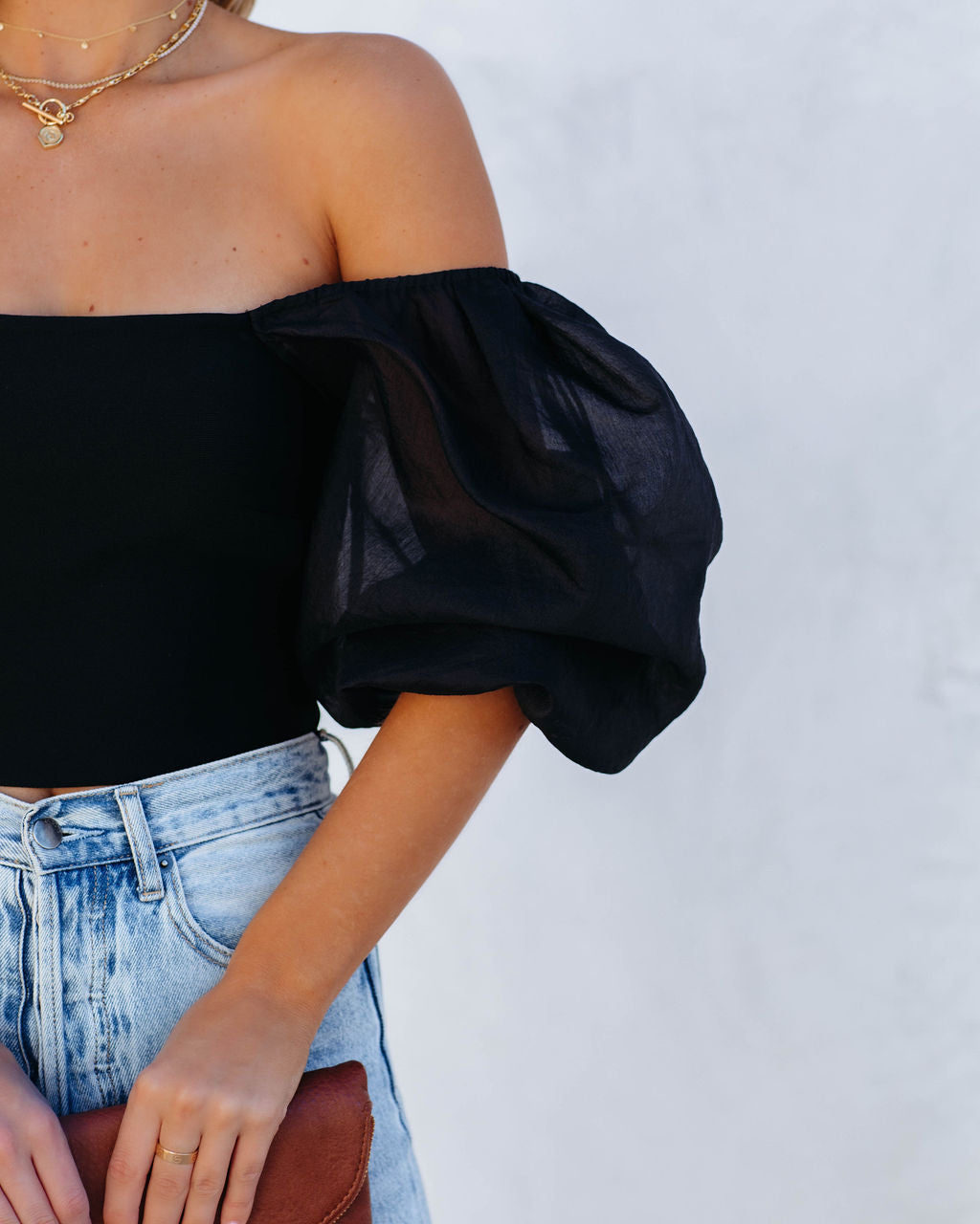 Mingle Puff Sleeve Knit Crop Top - Black Oshnow