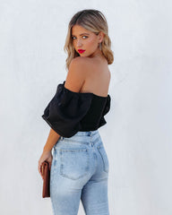 Mingle Puff Sleeve Knit Crop Top - Black Oshnow