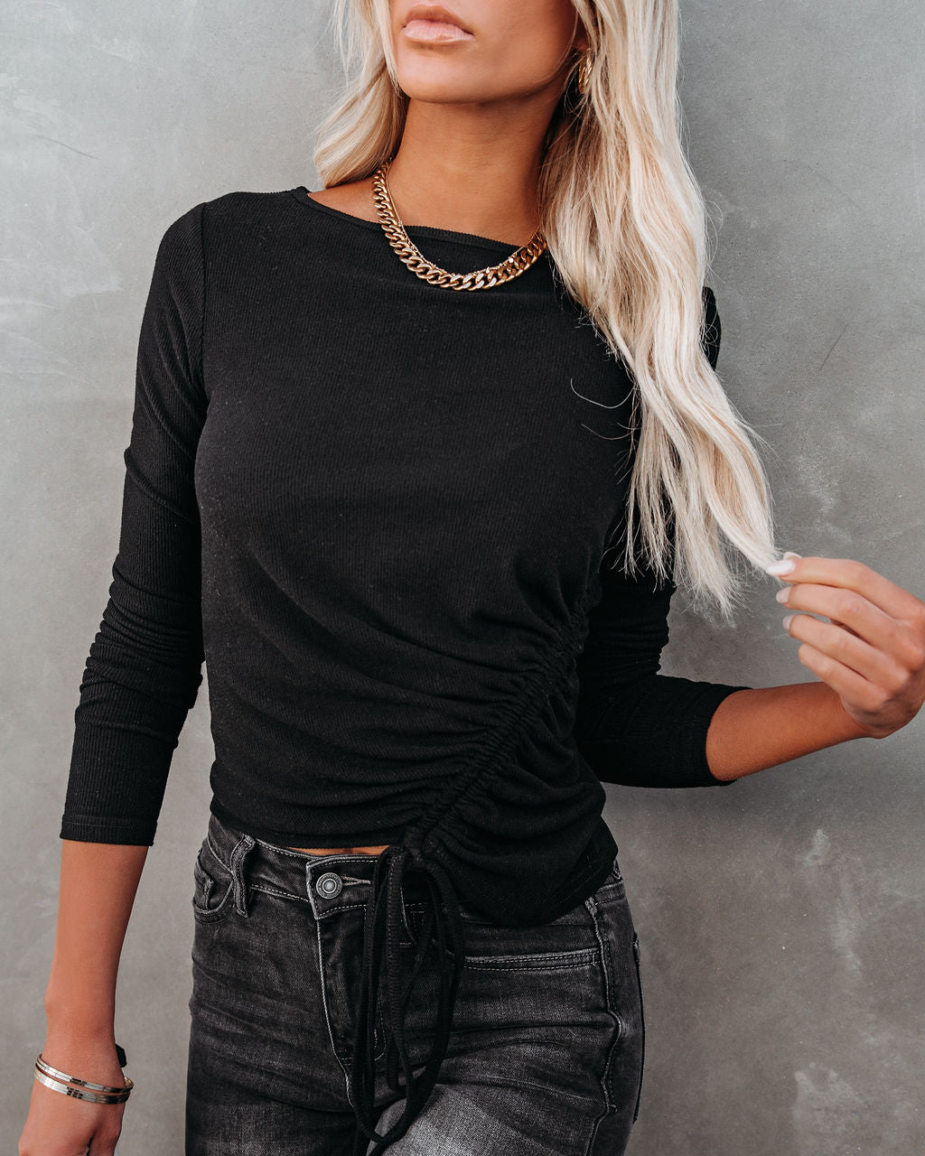 Mira Asymmetrical Ruched Long Sleeve Knit Top - Black Oshnow