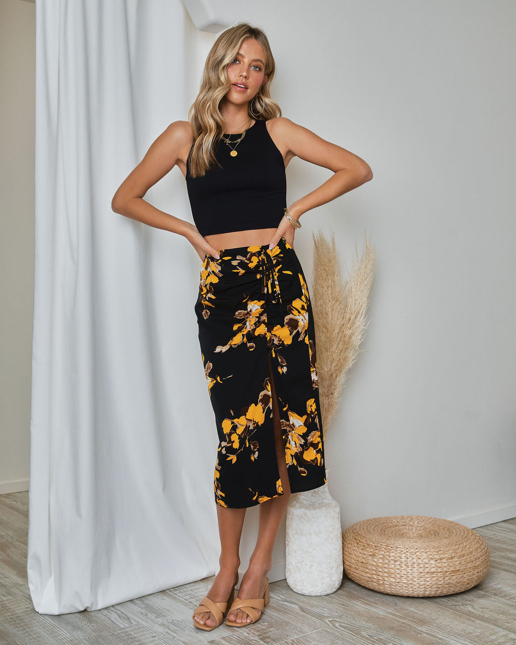 Miramar Floral Ruched Midi Skirt Oshnow