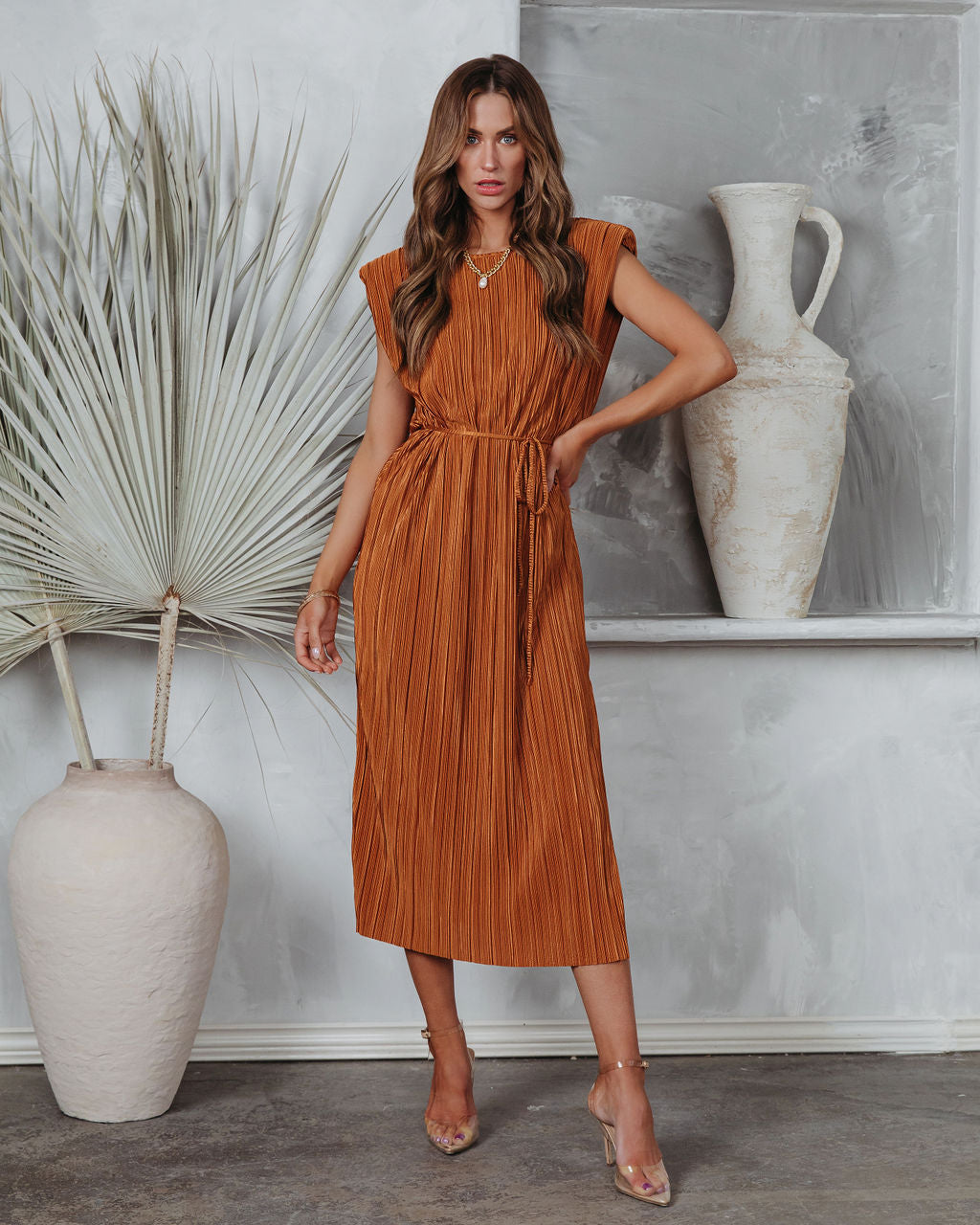 Modern Day Disco Plisse Padded Shoulder Midi Dress - Cognac Oshnow