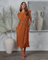 Modern Day Disco Plisse Padded Shoulder Midi Dress - Cognac Oshnow