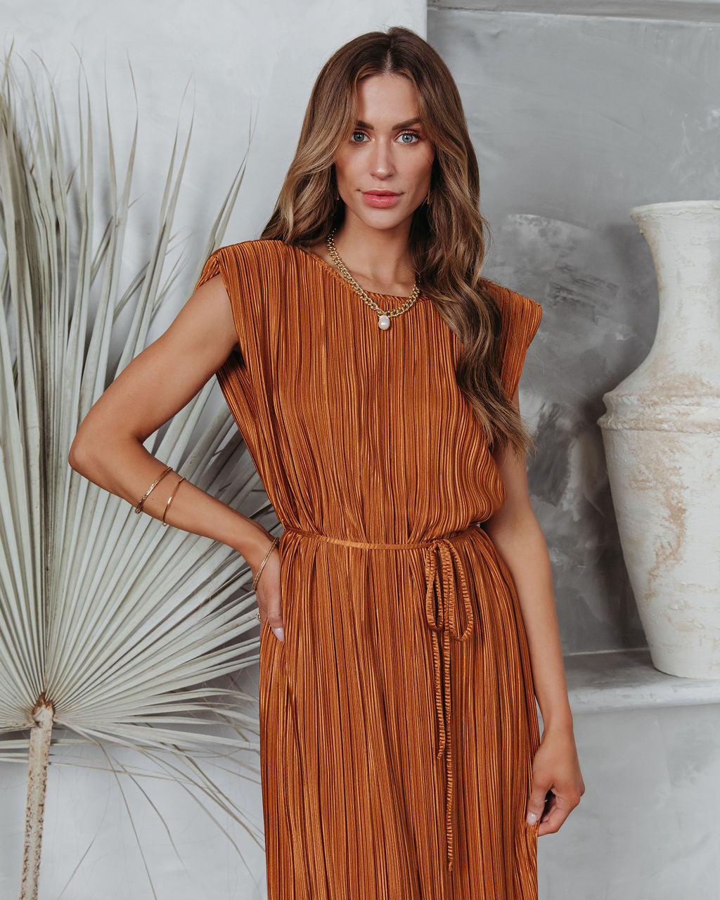 Modern Day Disco Plisse Padded Shoulder Midi Dress - Cognac Oshnow