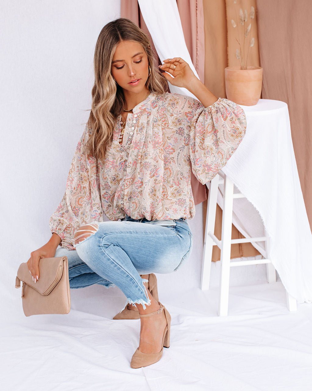 Mojo Paisley Button Down Crop Blouse Oshnow