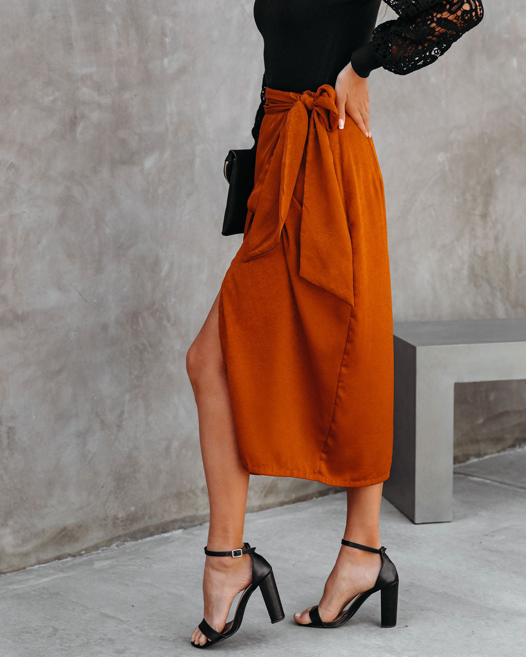 Mollie Satin Wrap Midi Skirt - Ginger Oshnow