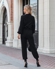 Monica Ribbed V-Neck Jumpsuit - Black - SALE Oshnow