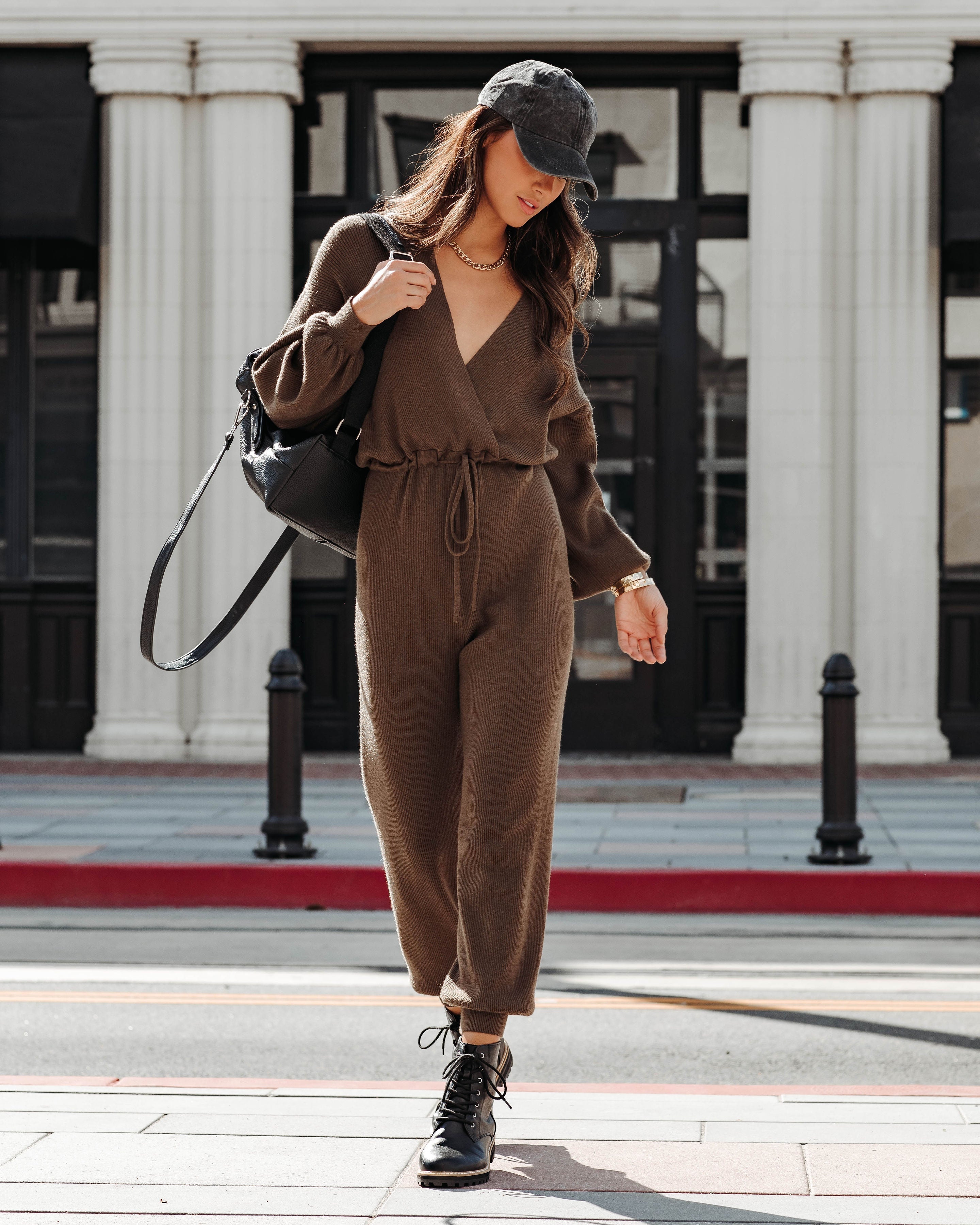 Monica Ribbed V-Neck Jumpsuit - Olive - SALE Oshnow