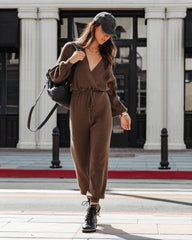 Monica Ribbed V-Neck Jumpsuit - Olive - SALE Oshnow