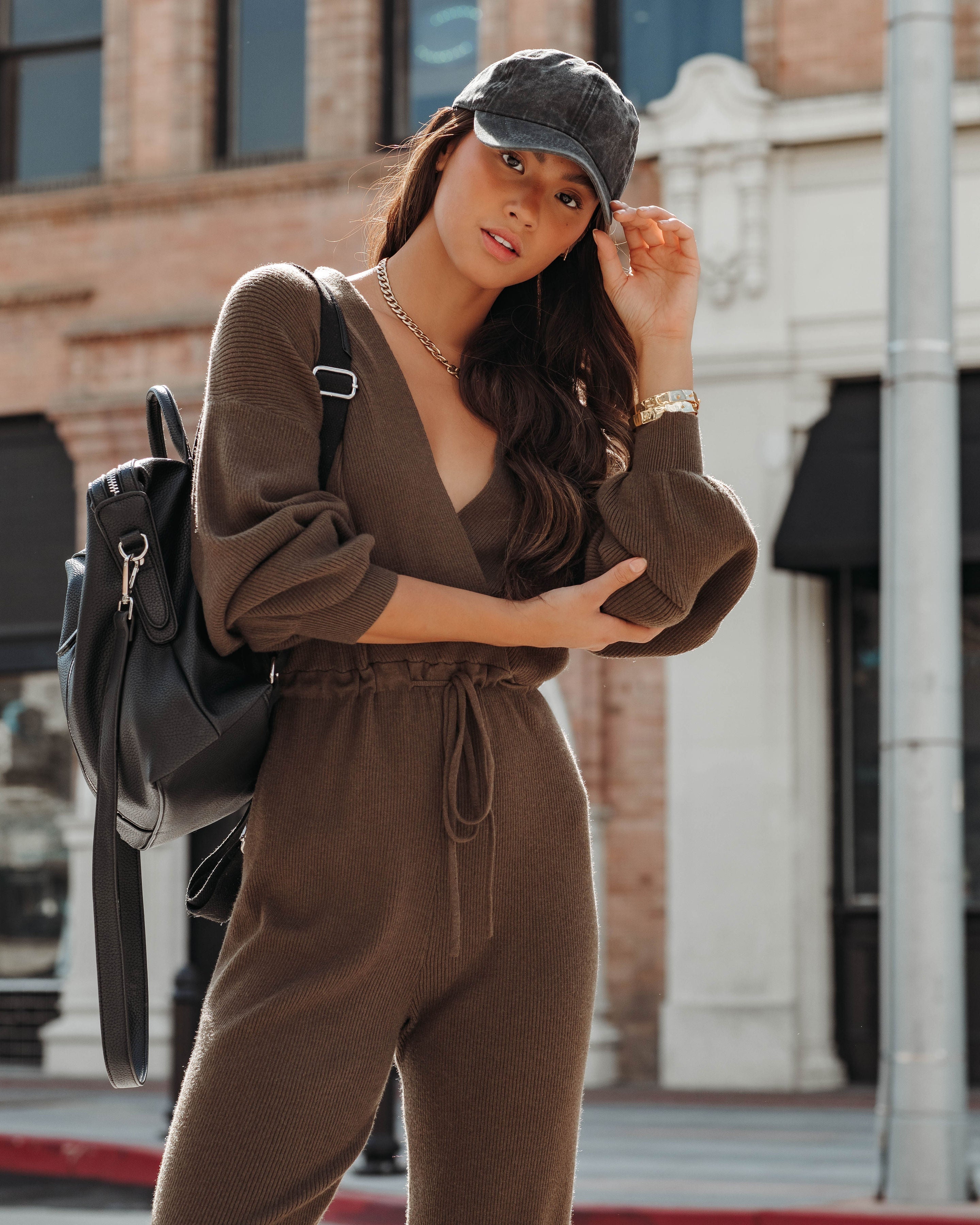 Monica Ribbed V-Neck Jumpsuit - Olive - SALE Oshnow