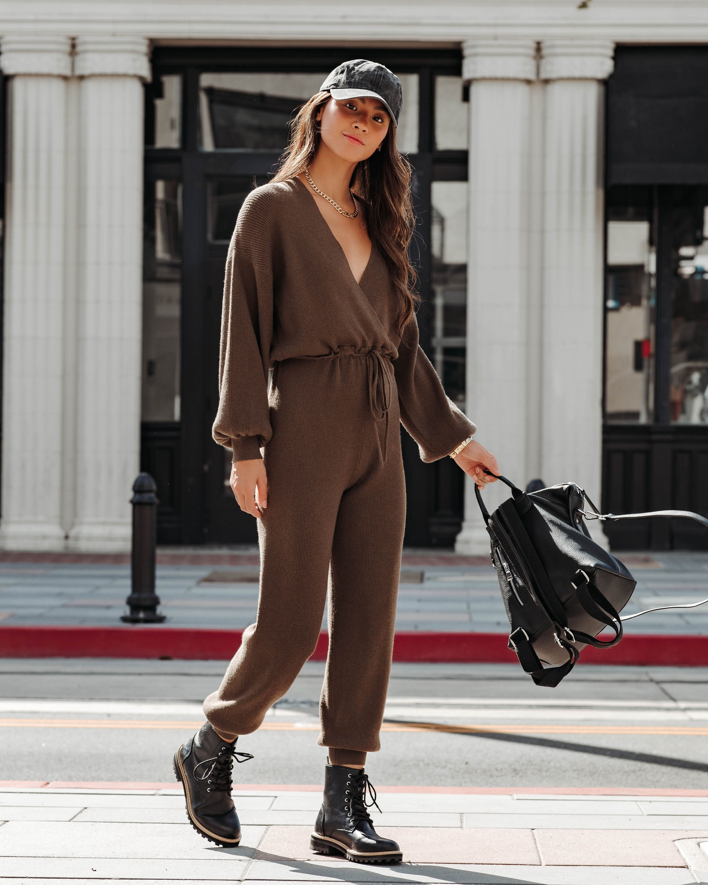 Monica Ribbed V-Neck Jumpsuit - Olive - SALE Oshnow