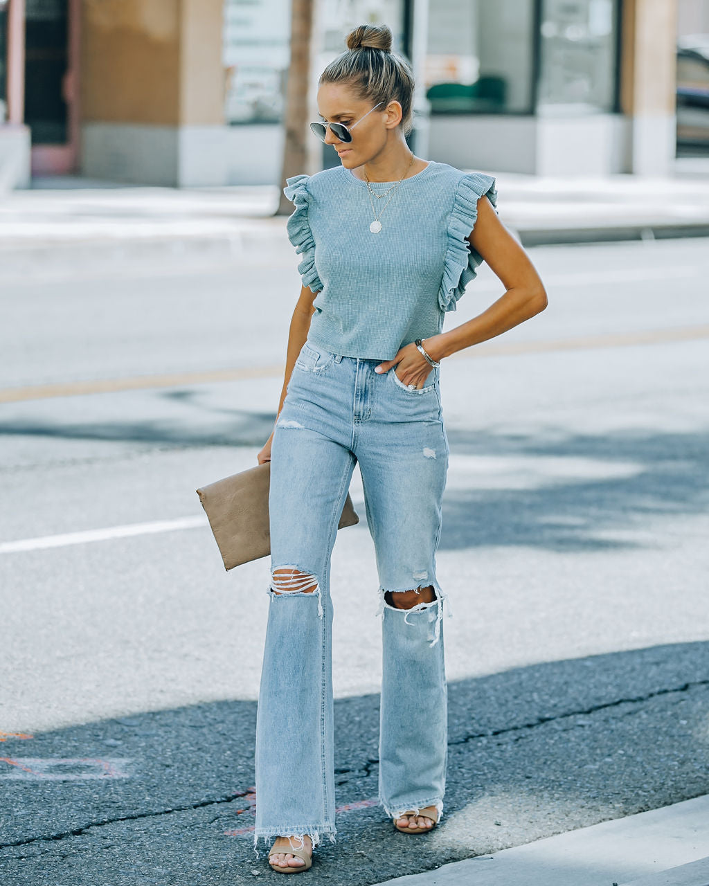 Blue Ruffle Crop Top Monse Cotton Ruffle Crop Top - Stone Blue – Oshnow