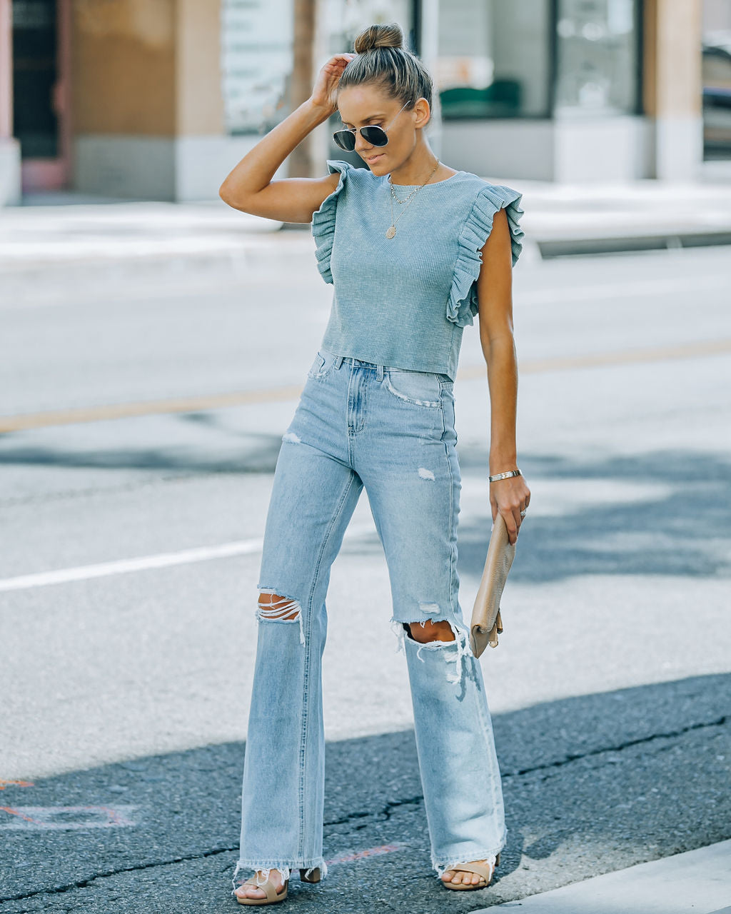 Monse Cotton Ruffle Crop Top - Stone Blue Oshnow