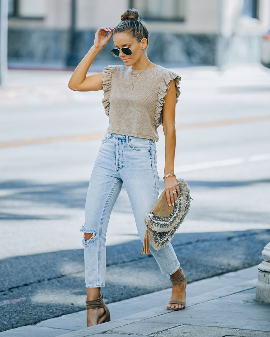 Monse Cotton Ruffle Crop Top - Taupe Oshnow