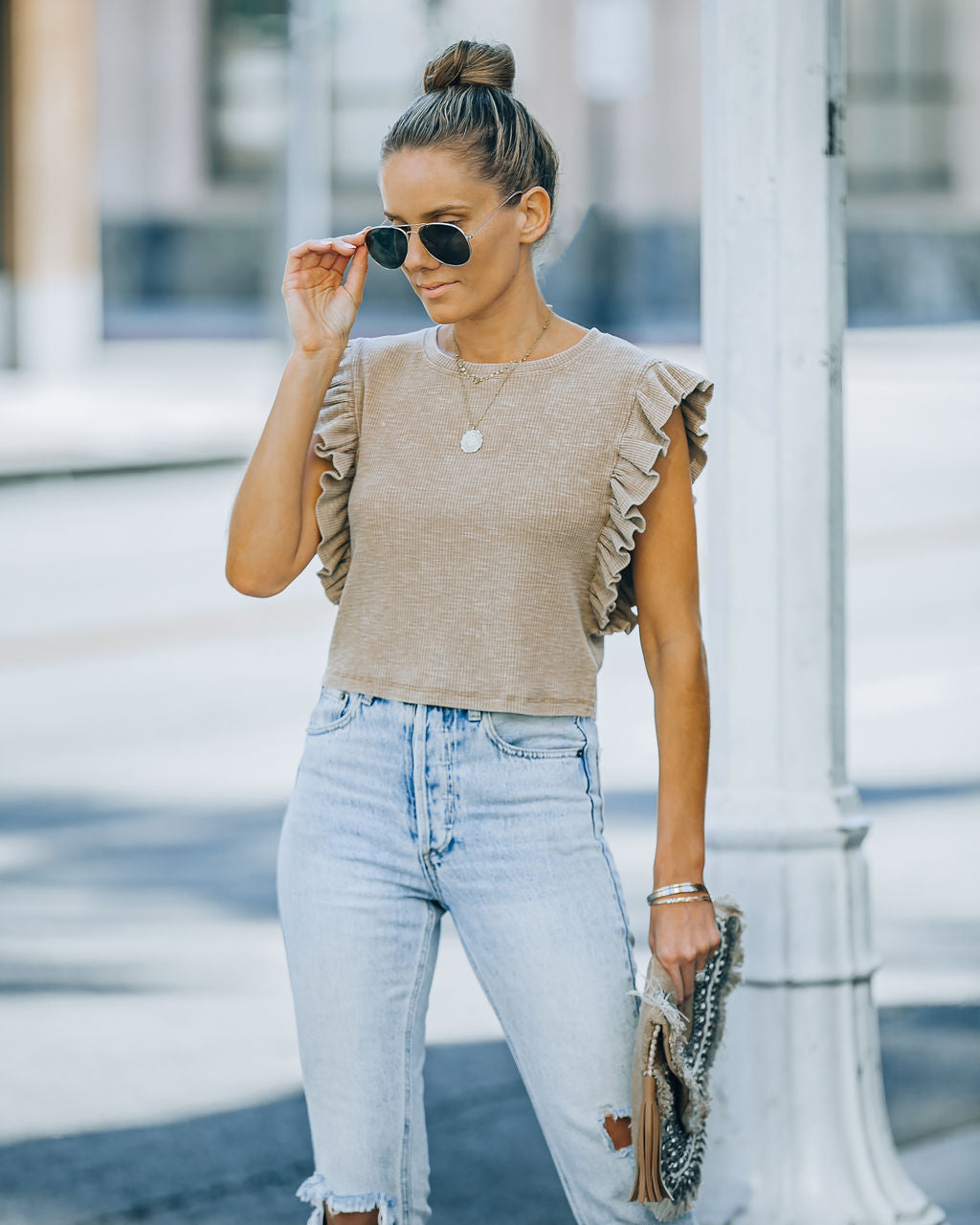 Monse Cotton Ruffle Crop Top - Taupe Oshnow