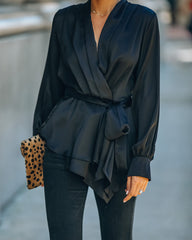 Motivation Satin Drape Wrap Blouse - Black Oshnow