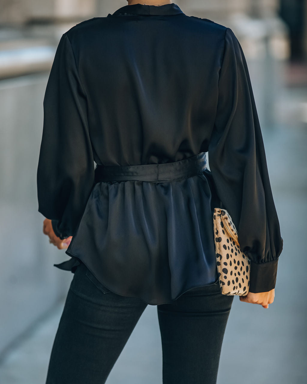 Motivation Satin Drape Wrap Blouse - Black Oshnow