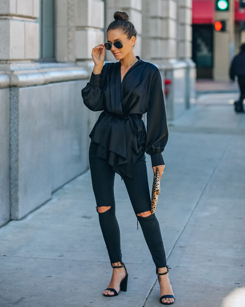 Motivation Satin Drape Wrap Blouse - Black Oshnow