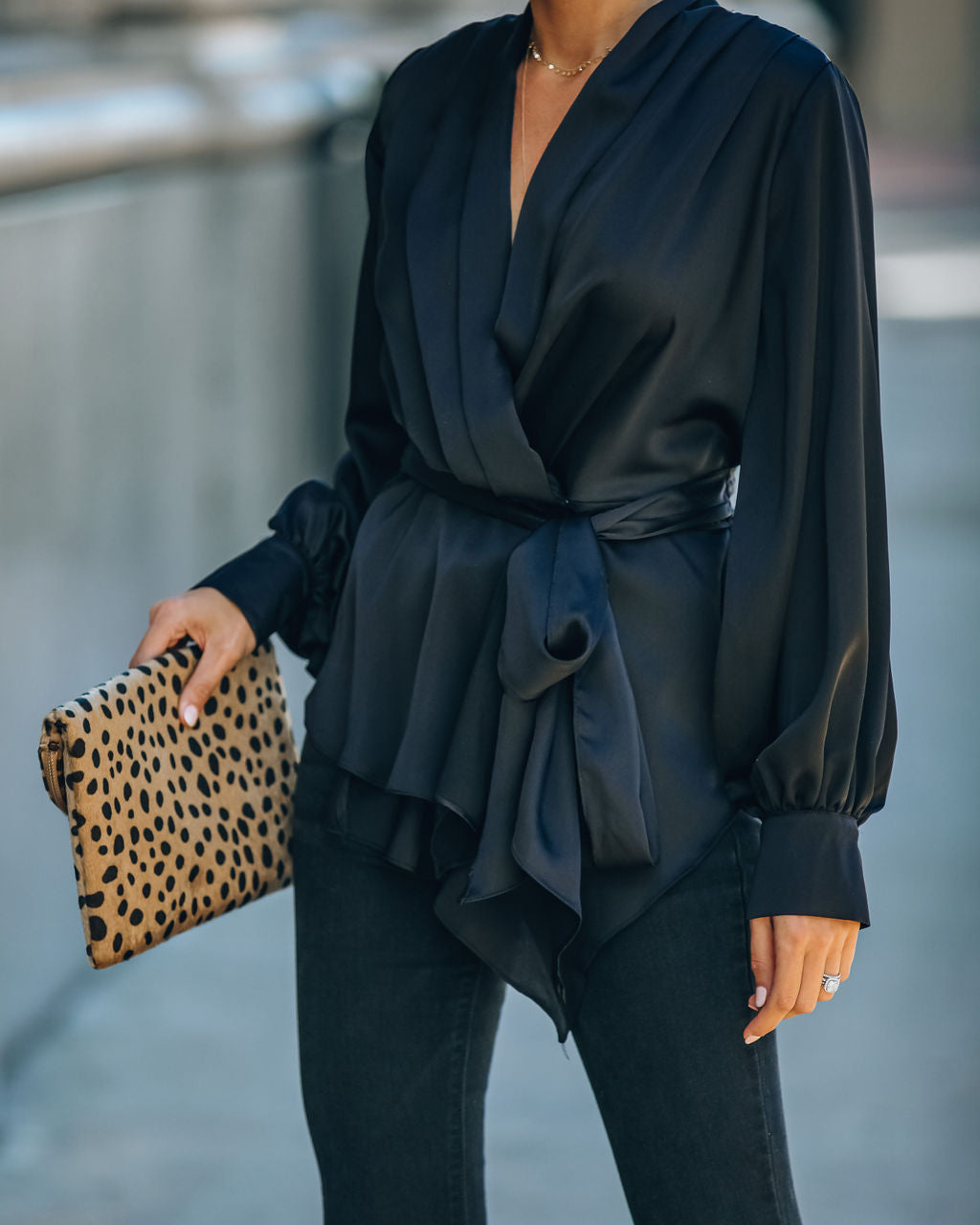 Motivation Satin Drape Wrap Blouse - Black Oshnow