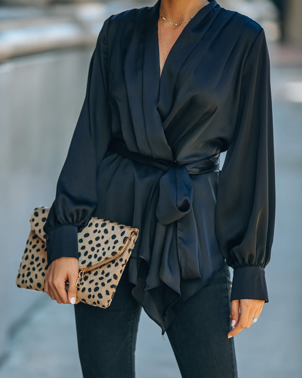 Motivation Satin Drape Wrap Blouse - Black Oshnow