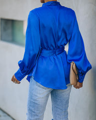 Motivation Satin Drape Wrap Blouse - Cobalt Blue Oshnow