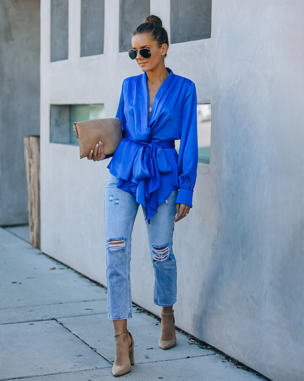 Motivation Satin Drape Wrap Blouse - Cobalt Blue Oshnow