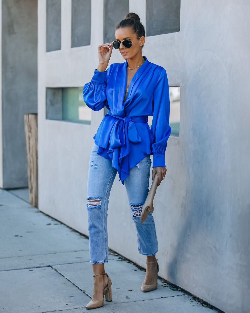 Motivation Satin Drape Wrap Blouse - Cobalt Blue Oshnow