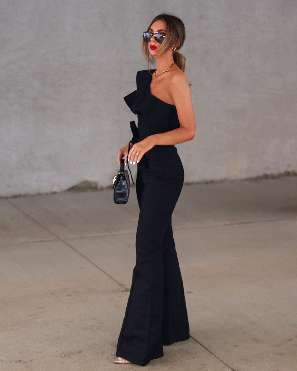 Cameran Cotton One Shoulder Flare Jumpsuit - Black