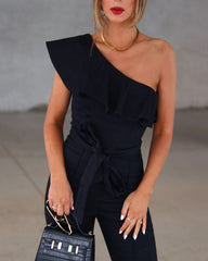 Cameran Cotton One Shoulder Flare Jumpsuit - Black