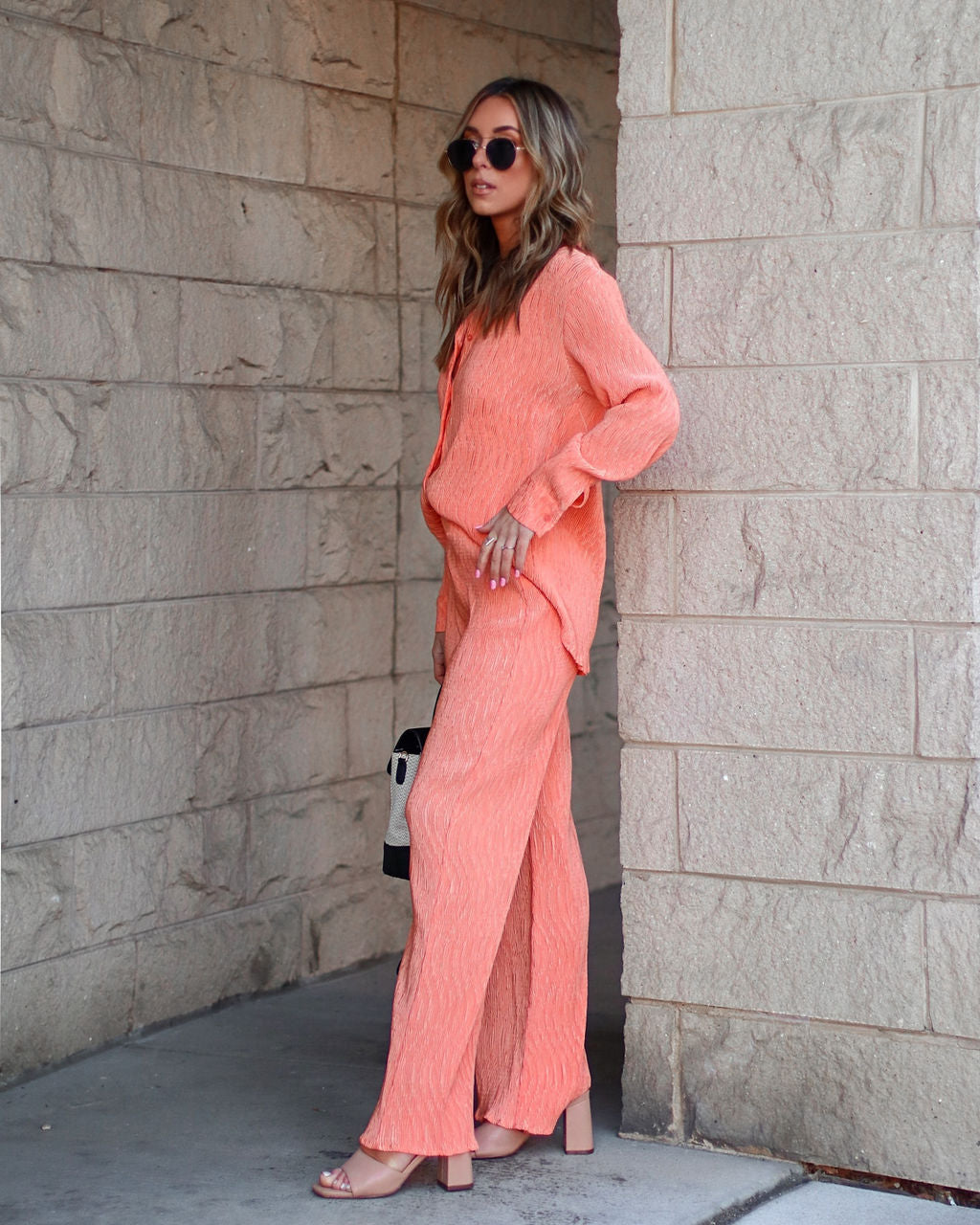 Elodie Plisse Wide Leg Pants - Salmon