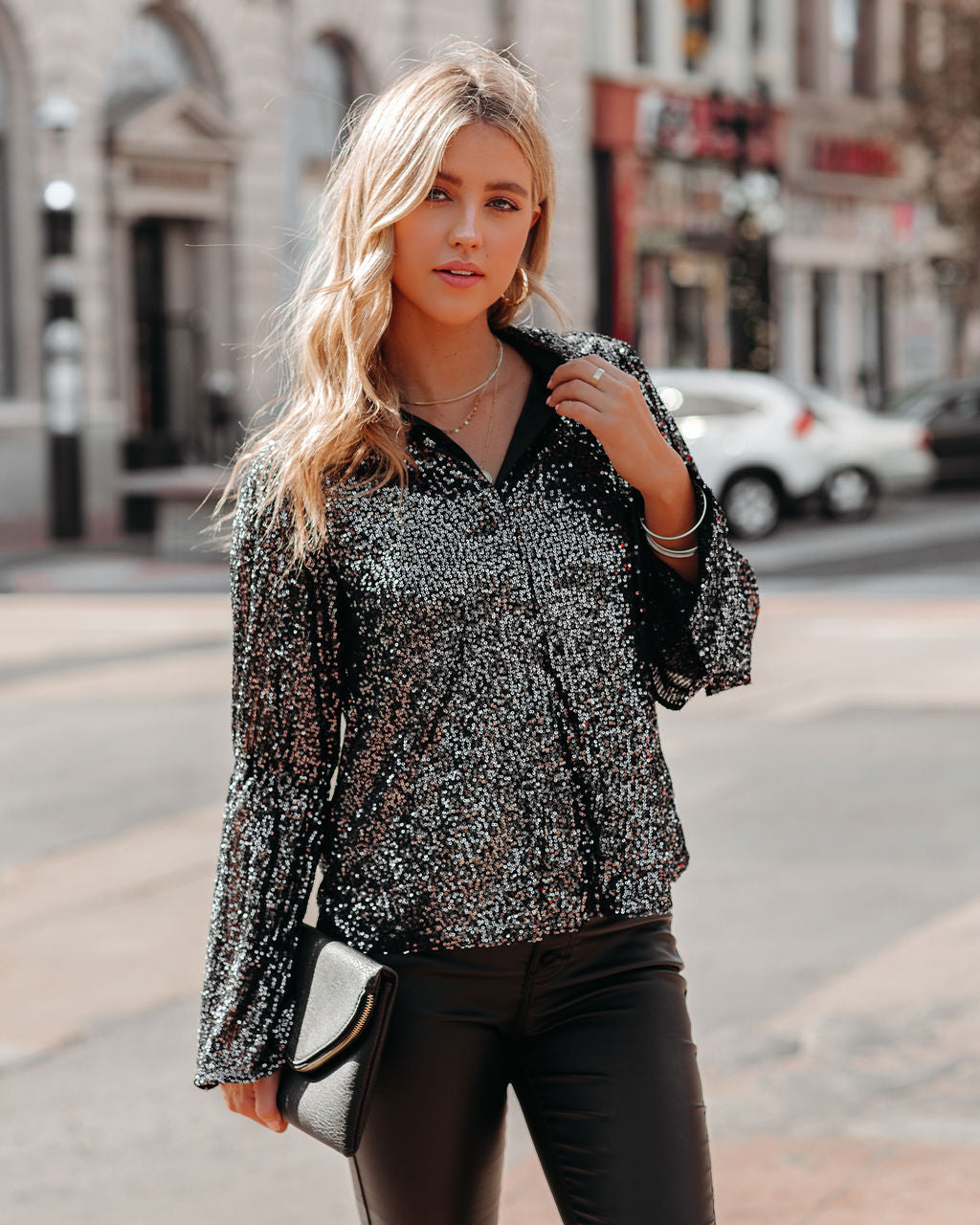 NYX Sequin Button Down Bell Sleeve Blouse - Black Oshnow