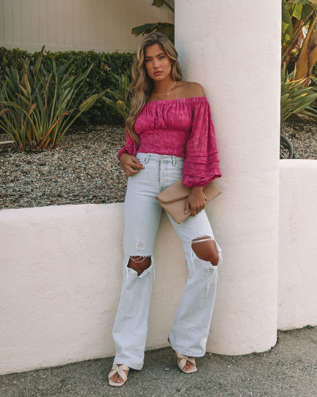 Nanette Textured Off The Shoulder Blouse - Magenta Oshnow